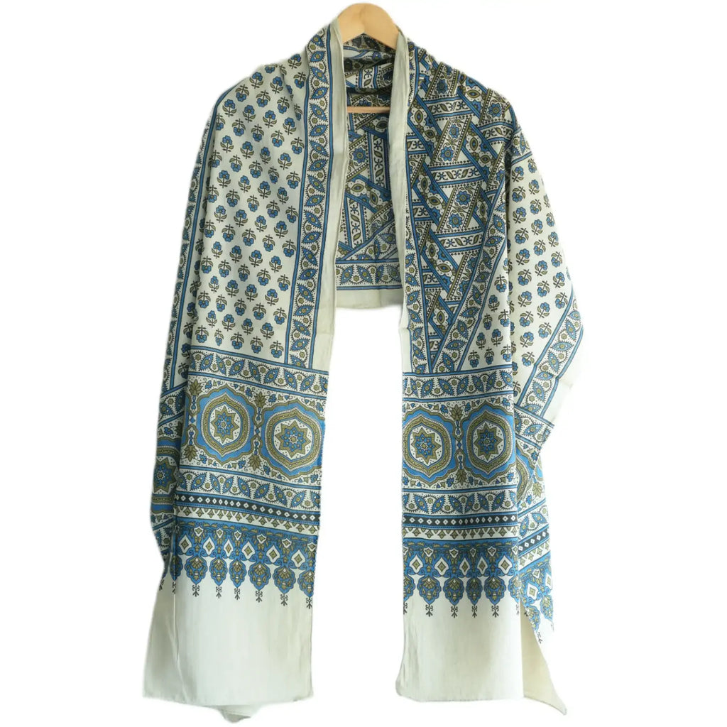 Ajrakh Hand Block Print Grey Color Cotton Stole | Traditional Geometric Print | L210 X W55 cm