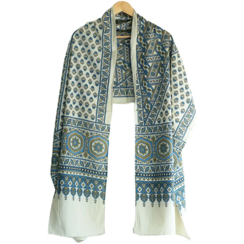Ajrakh Hand Block Print Grey Color Cotton Stole | Traditional Geometric Print | L210 X W55 cm