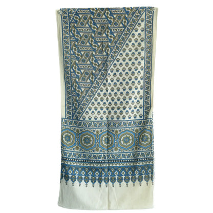 Ajrakh Hand Block Print Grey Color Cotton Stole | Traditional Geometric Print | L210 X W55 cm