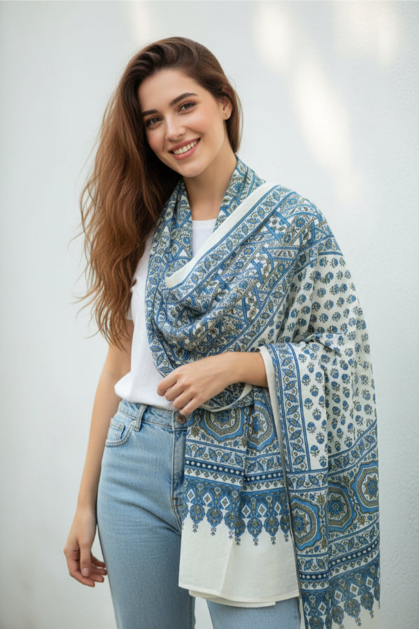 Ajrakh Hand Block Print Grey Color Cotton Stole | Traditional Geometric Print | L210 X W55 cm