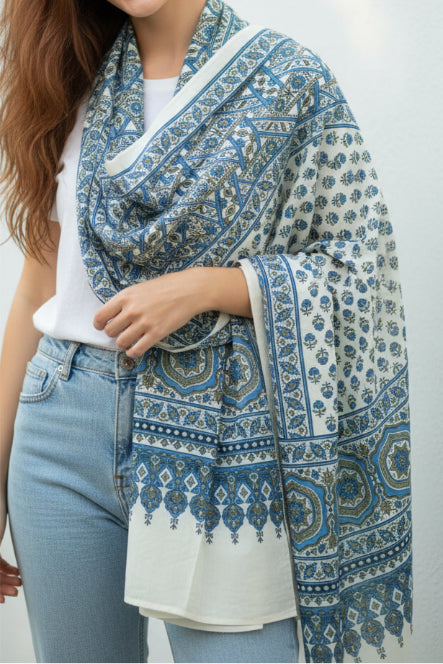 Ajrakh Hand Block Print Grey Color Cotton Stole | Traditional Geometric Print | L210 X W55 cm