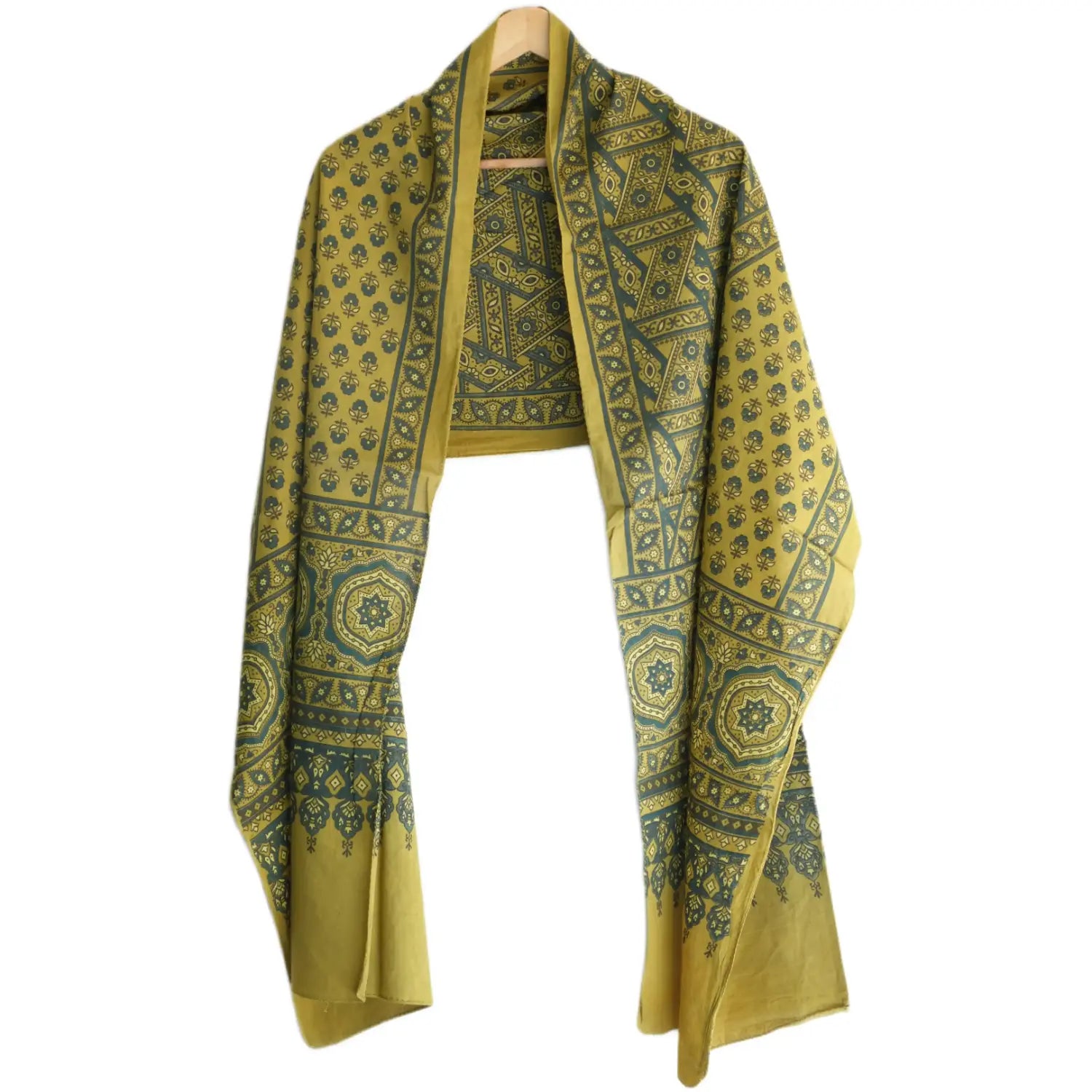 Ajrakh Hand Block Print Mustard Yellow Color Cotton Stole | Traditional Geometric Print | L210 X W55 cm