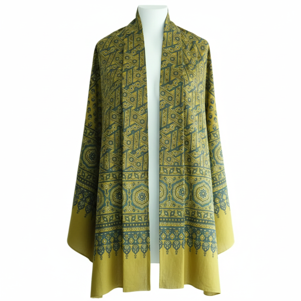Ajrakh Hand Block Print Mustard Yellow Color Cotton Stole | Traditional Geometric Print | L210 X W55 cm