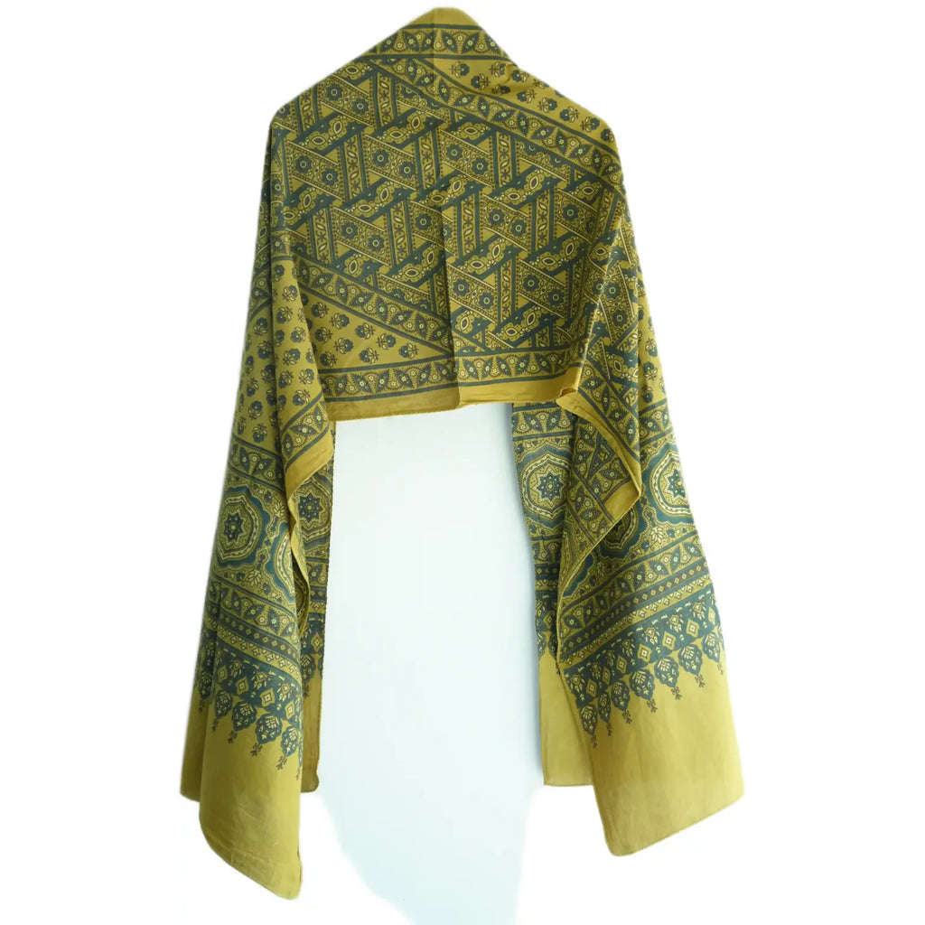Ajrakh Hand Block Print Mustard Yellow Color Cotton Stole | Traditional Geometric Print | L210 X W55 cm