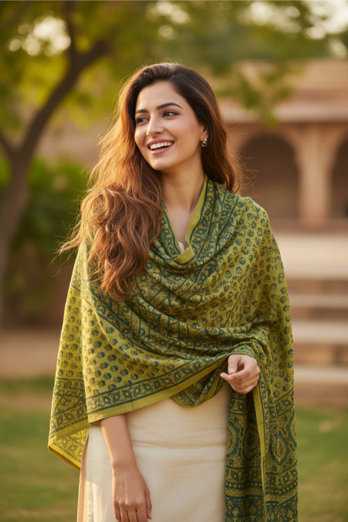 Ajrakh Hand Block Print Mustard Yellow Color Cotton Stole | Traditional Geometric Print | L210 X W55 cm