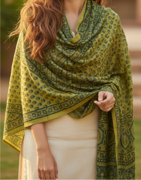 Ajrakh Hand Block Print Mustard Yellow Color Cotton Stole | Traditional Geometric Print | L210 X W55 cm