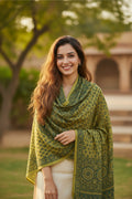 Ajrakh Hand Block Print Mustard Yellow Color Cotton Stole | Traditional Geometric Print | L210 X W55 cm