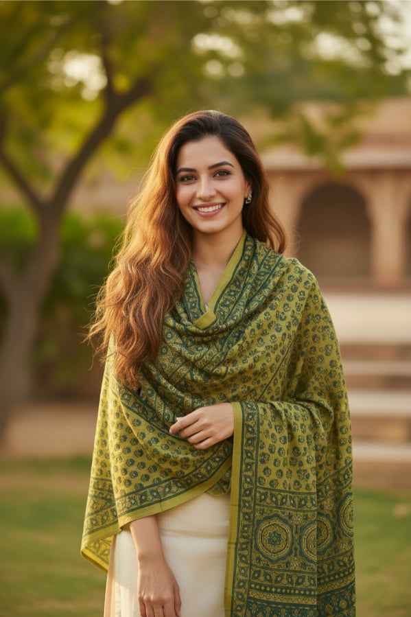 Ajrakh Hand Block Print Mustard Yellow Color Cotton Stole | Traditional Geometric Print | L210 X W55 cm
