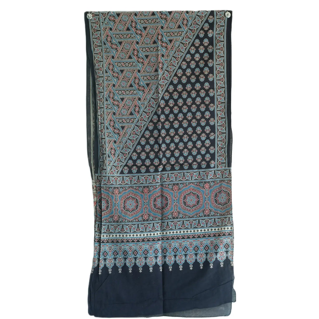 Ajrakh Hand Block Print Dark Blue Color Cotton Stole | Traditional Geometric Print | L210 X W55 cm