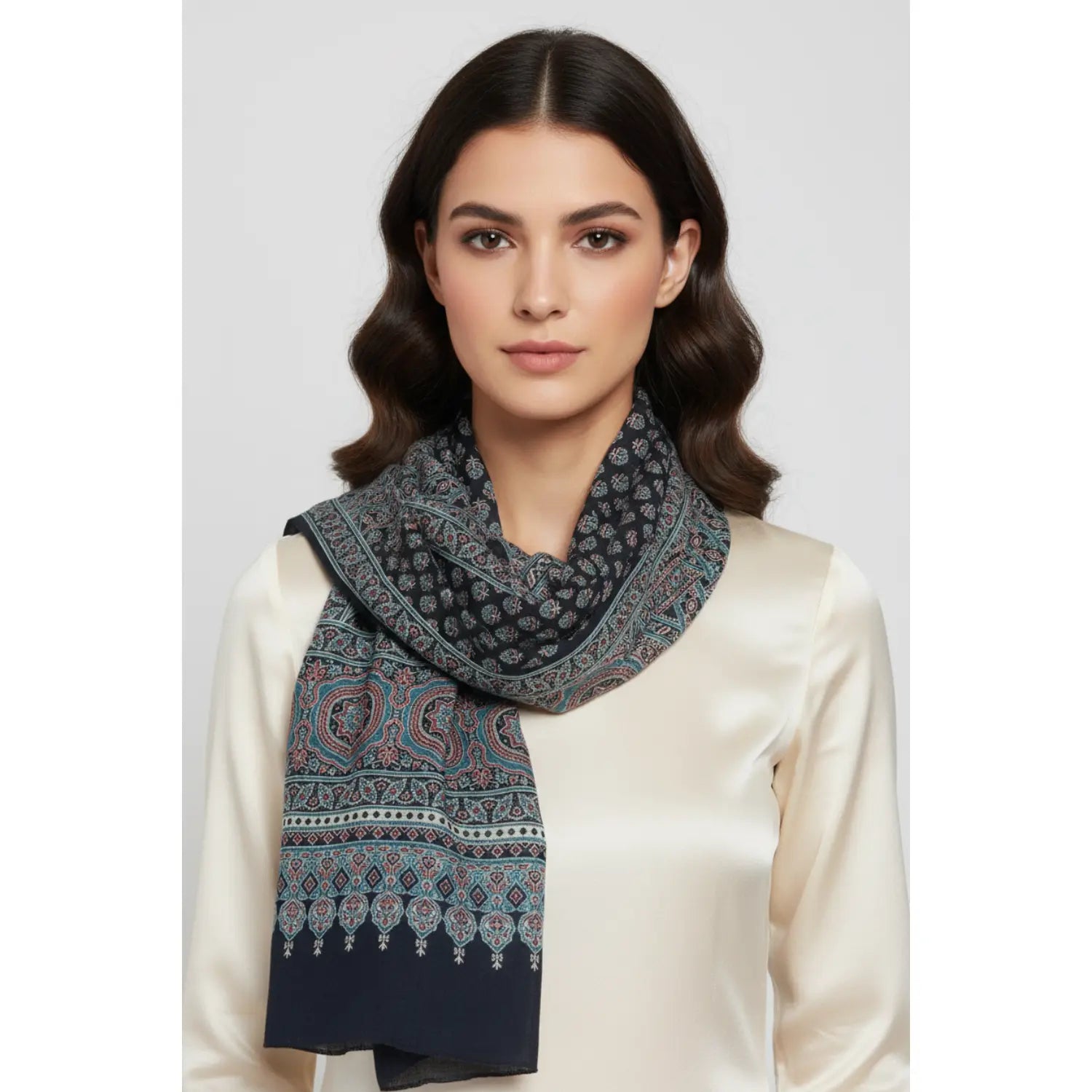 Ajrakh Hand Block Print Dark Blue Color Cotton Stole | Traditional Geometric Print | L210 X W55 cm