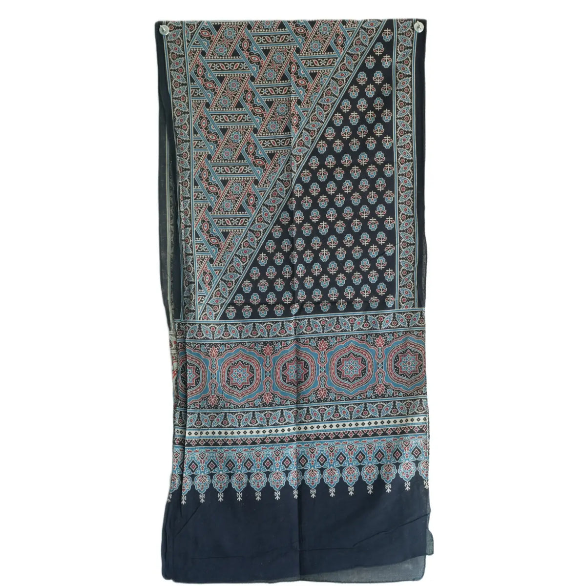 Ajrakh Hand Block Print Dark Blue Color Cotton Stole | Traditional Geometric Print | L210 X W55 cm
