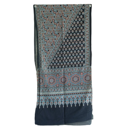 Ajrakh Hand Block Print Dark Blue Color Cotton Stole | Traditional Geometric Print | L210 X W55 cm