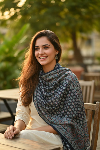 Ajrakh Hand Block Print Dark Blue Color Cotton Stole | Traditional Geometric Print | L210 X W55 cm