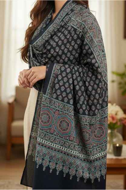 Ajrakh Hand Block Print Dark Blue Color Cotton Stole | Traditional Geometric Print | L210 X W55 cm