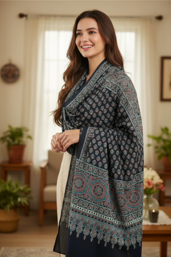 Ajrakh Hand Block Print Dark Blue Color Cotton Stole | Traditional Geometric Print | L210 X W55 cm