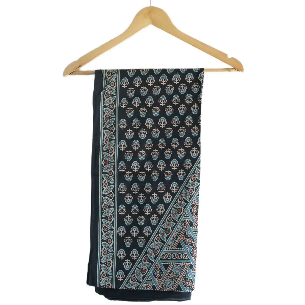 Ajrakh Hand Block Print Dark Blue Color Cotton Stole | Traditional Geometric Print | L210 X W55 cm