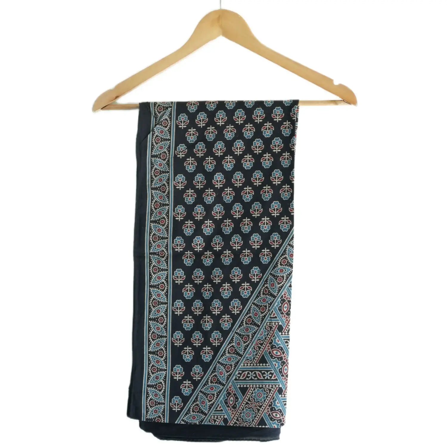 Ajrakh Hand Block Print Dark Blue Color Cotton Stole | Traditional Geometric Print | L210 X W55 cm