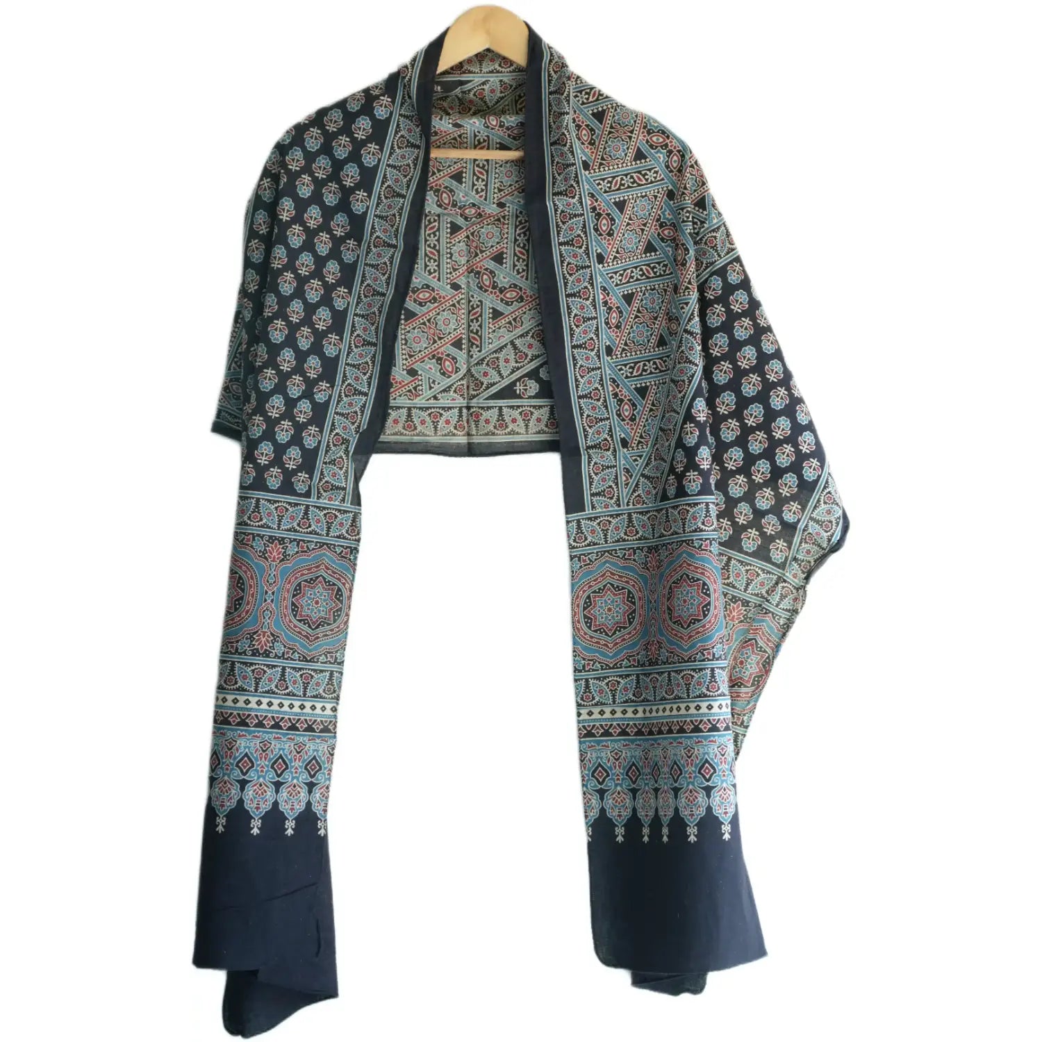 Ajrakh Hand Block Print Dark Blue Color Cotton Stole | Traditional Geometric Print | L210 X W55 cm