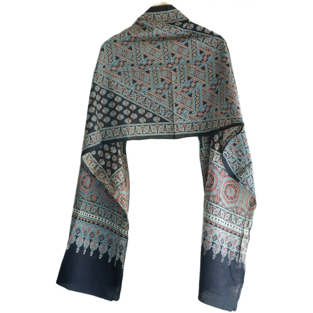Ajrakh Hand Block Print Dark Blue Color Cotton Stole | Traditional Geometric Print | L210 X W55 cm