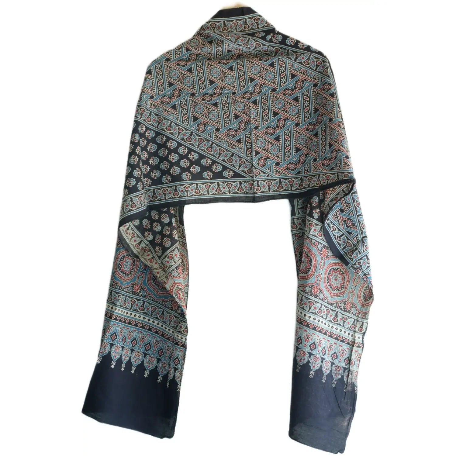 Ajrakh Hand Block Print Dark Blue Color Cotton Stole | Traditional Geometric Print | L210 X W55 cm