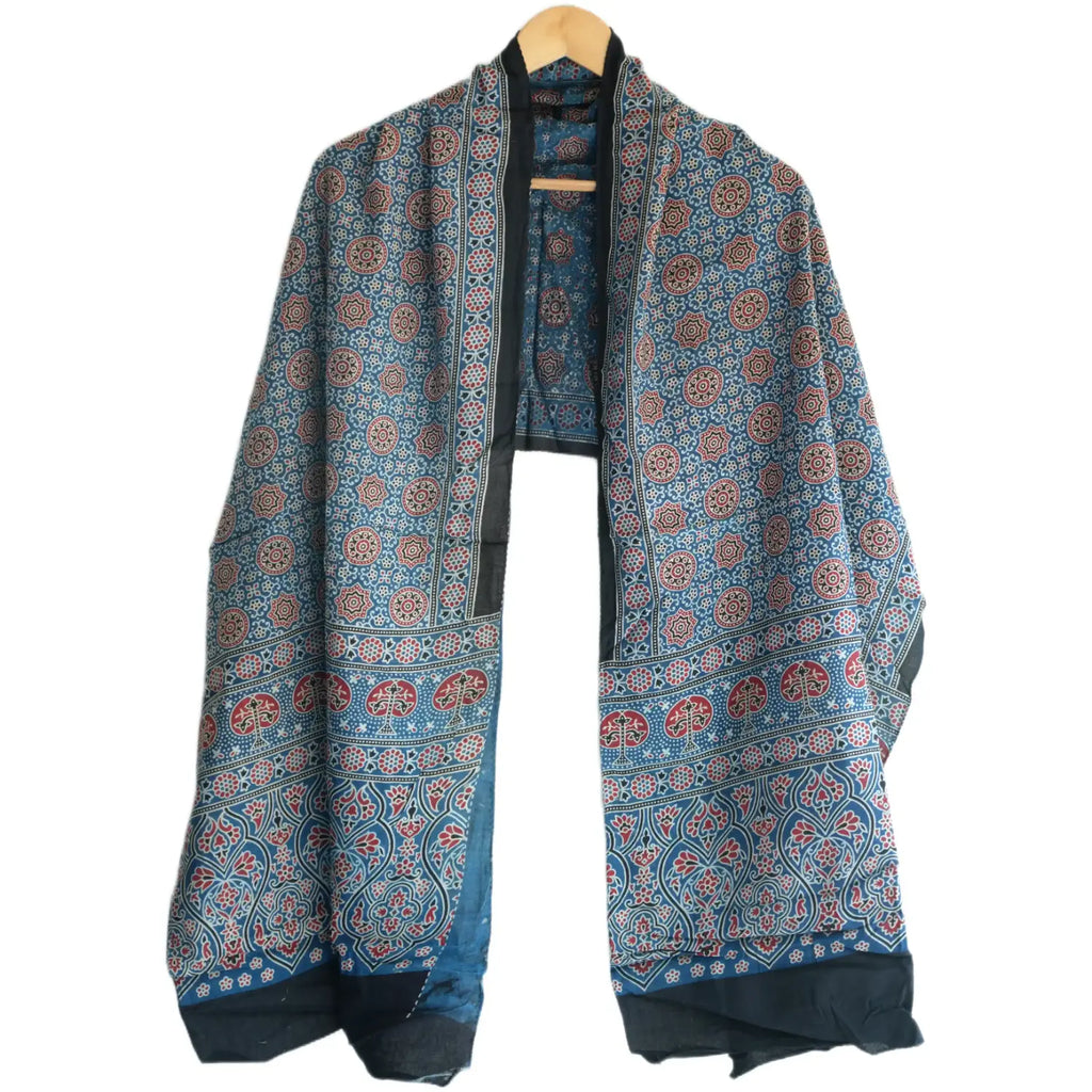 Ajrakh Hand Block Print Blue Color viscose Stole | Traditional Geometric Print | L210 X W55 cm