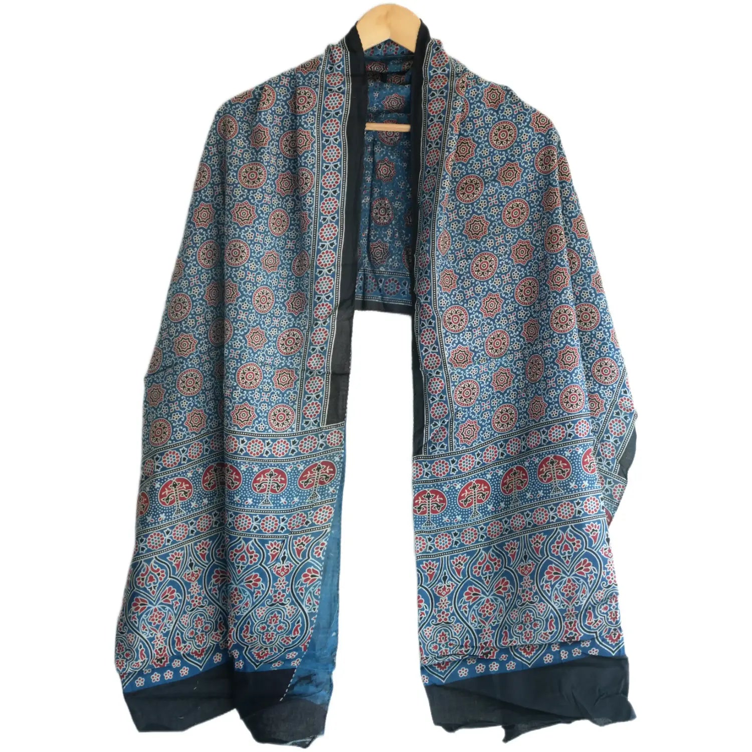 Ajrakh Hand Block Print Blue Color viscose Stole | Traditional Geometric Print | L210 X W55 cm