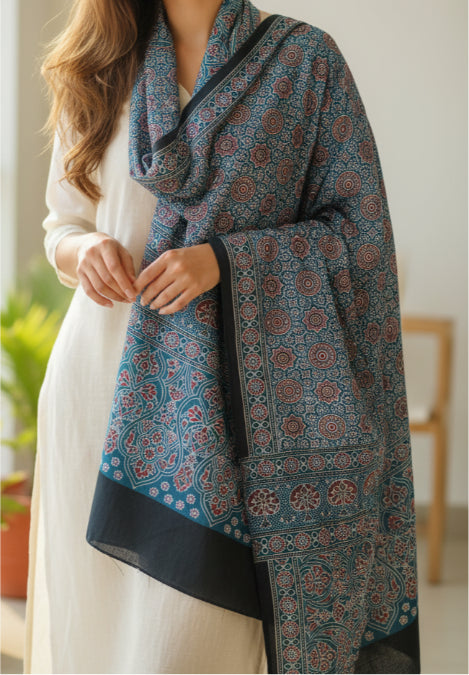 Ajrakh Hand Block Print Blue Color viscose Stole | Traditional Geometric Print | L210 X W55 cm