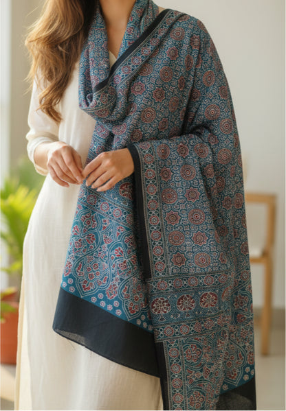 Ajrakh Hand Block Print Blue Color viscose Stole | Traditional Geometric Print | L210 X W55 cm