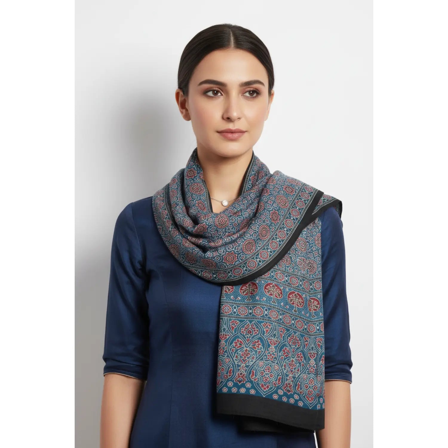 Ajrakh Hand Block Print Blue Color viscose Stole | Traditional Geometric Print | L210 X W55 cm