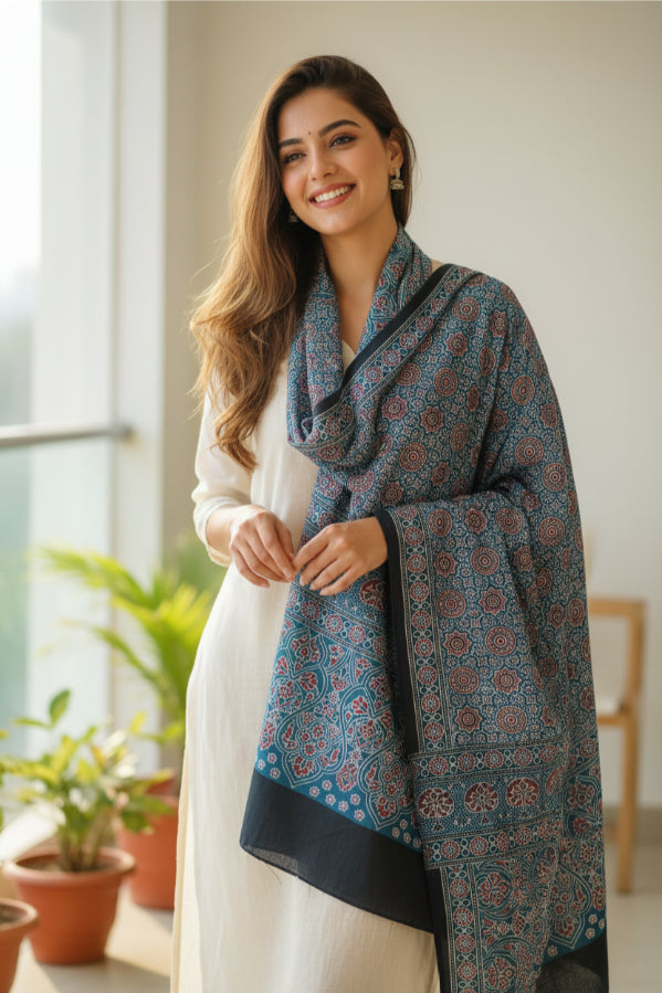 Ajrakh Hand Block Print Blue Color viscose Stole | Traditional Geometric Print | L210 X W55 cm