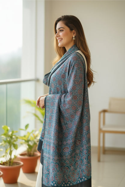 Ajrakh Hand Block Print Blue Color viscose Stole | Traditional Geometric Print | L210 X W55 cm