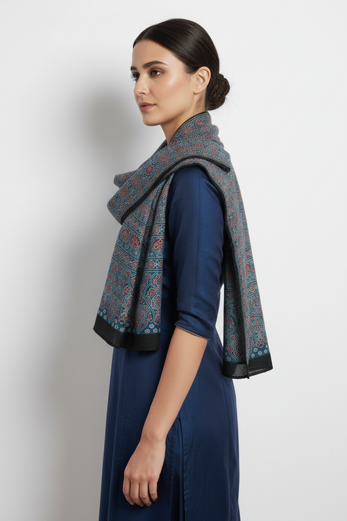 Ajrakh Hand Block Print Blue Color viscose Stole | Traditional Geometric Print | L210 X W55 cm