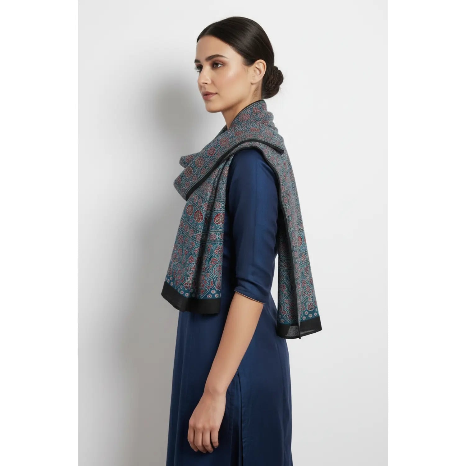 Ajrakh Hand Block Print Blue Color viscose Stole | Traditional Geometric Print | L210 X W55 cm