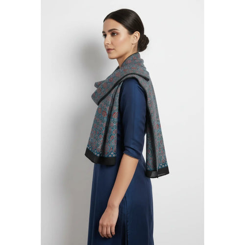 Ajrakh Hand Block Print Blue Color viscose Stole | Traditional Geometric Print | L210 X W55 cm