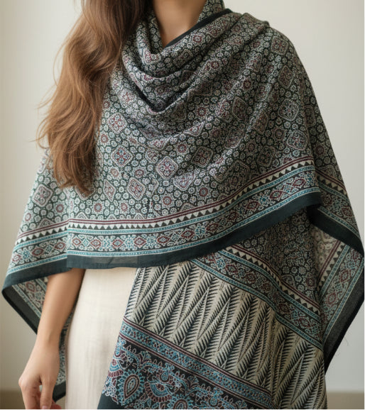 Ajrakh Hand Block Print Viscose Stole | Traditional Geometric Print | L220 X W55 cm