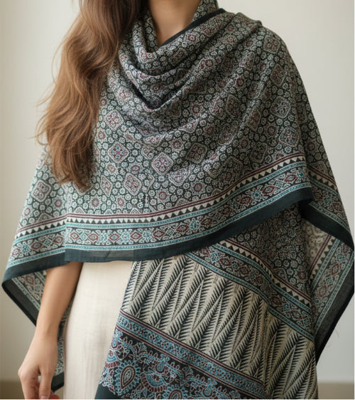 Ajrakh Hand Block Print Viscose Stole | Traditional Geometric Print | L220 X W55 cm