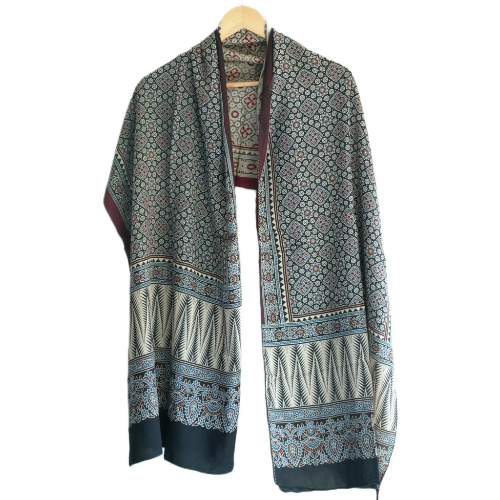 Ajrakh Hand Block Print Viscose Stole | Traditional Geometric Print | L220 X W55 cm