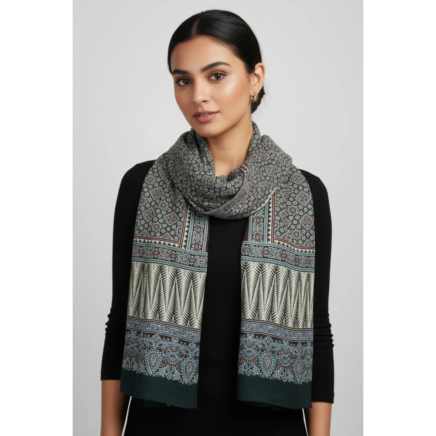 Ajrakh Hand Block Print Viscose Stole | Traditional Geometric Print | L220 X W55 cm