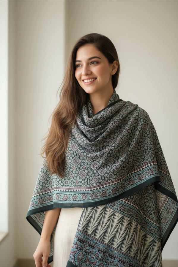 Ajrakh Hand Block Print Viscose Stole | Traditional Geometric Print | L220 X W55 cm