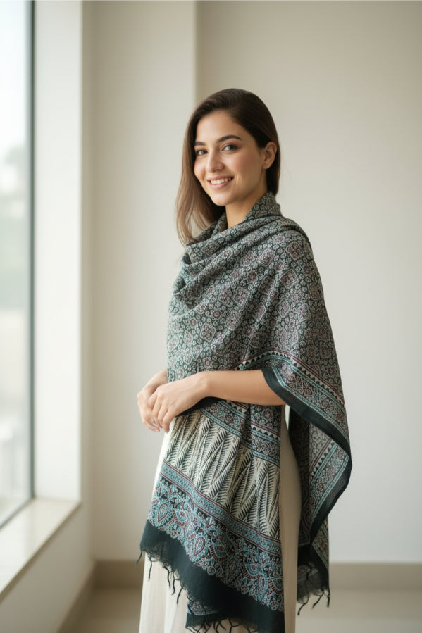 Ajrakh Hand Block Print Viscose Stole | Traditional Geometric Print | L220 X W55 cm