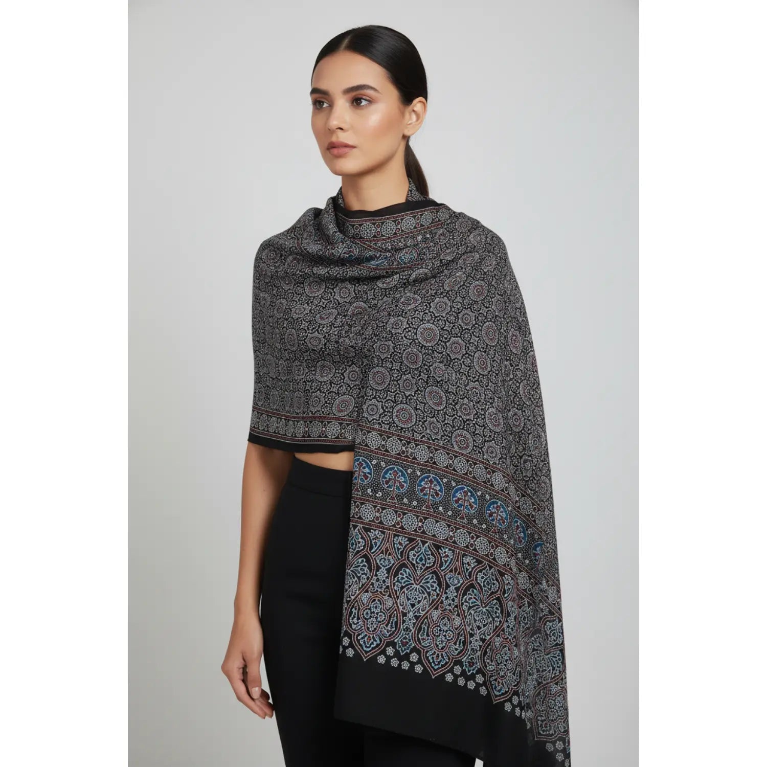Ajrakh Hand Block Print Grey Color Viscose Stole | Traditional Geometric Print | L220 X W55 cm