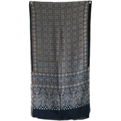 Ajrakh Hand Block Print Grey Color Viscose Stole | Traditional Geometric Print | L220 X W55 cm