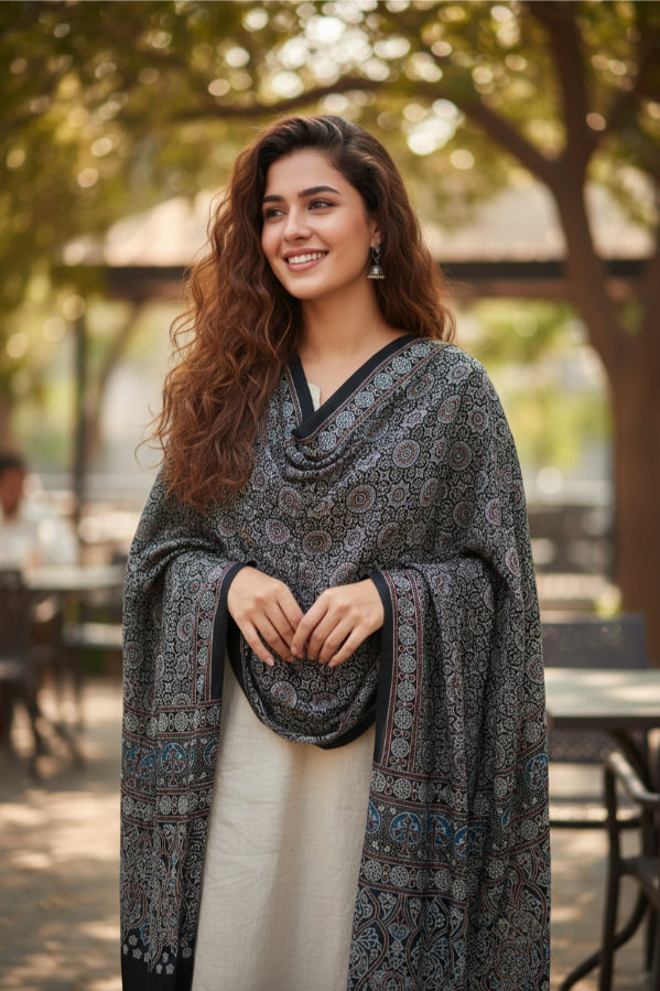 Ajrakh Hand Block Print Grey Color Viscose Stole | Traditional Geometric Print | L220 X W55 cm