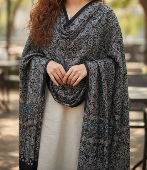 Ajrakh Hand Block Print Grey Color Viscose Stole | Traditional Geometric Print | L220 X W55 cm