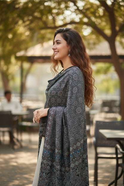 Ajrakh Hand Block Print Grey Color Viscose Stole | Traditional Geometric Print | L220 X W55 cm