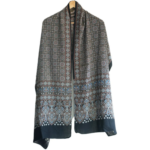 Ajrakh Hand Block Print Grey Color Viscose Stole | Traditional Geometric Print | L220 X W55 cm