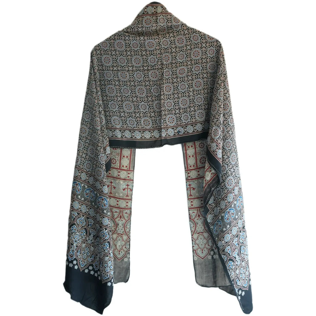 Ajrakh Hand Block Print Grey Color Viscose Stole | Traditional Geometric Print | L220 X W55 cm