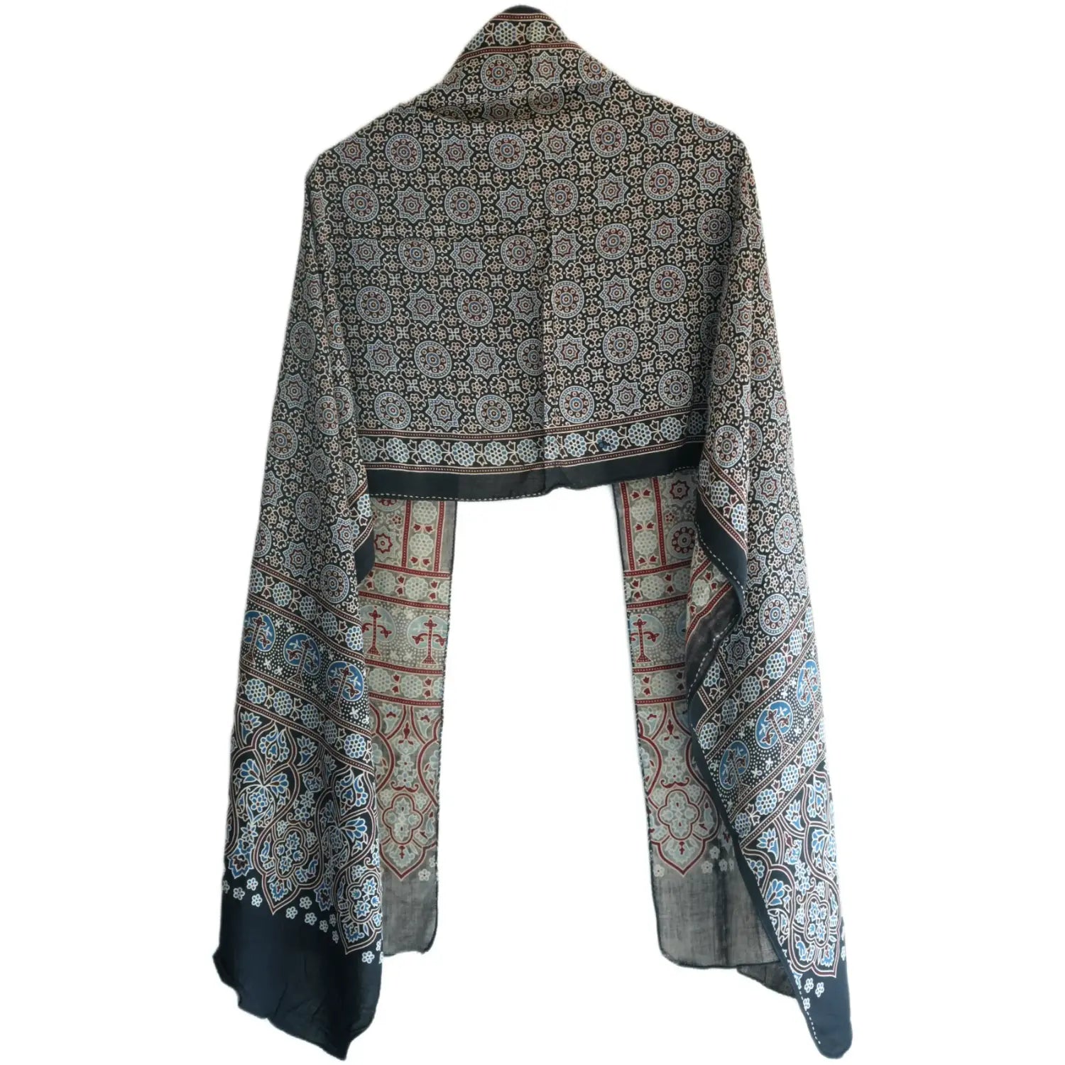 Ajrakh Hand Block Print Grey Color Viscose Stole | Traditional Geometric Print | L220 X W55 cm