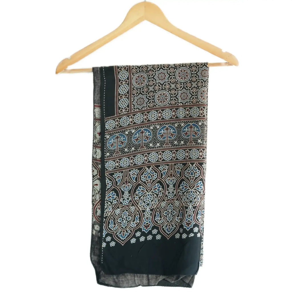 Ajrakh Hand Block Print Grey Color Viscose Stole | Traditional Geometric Print | L220 X W55 cm