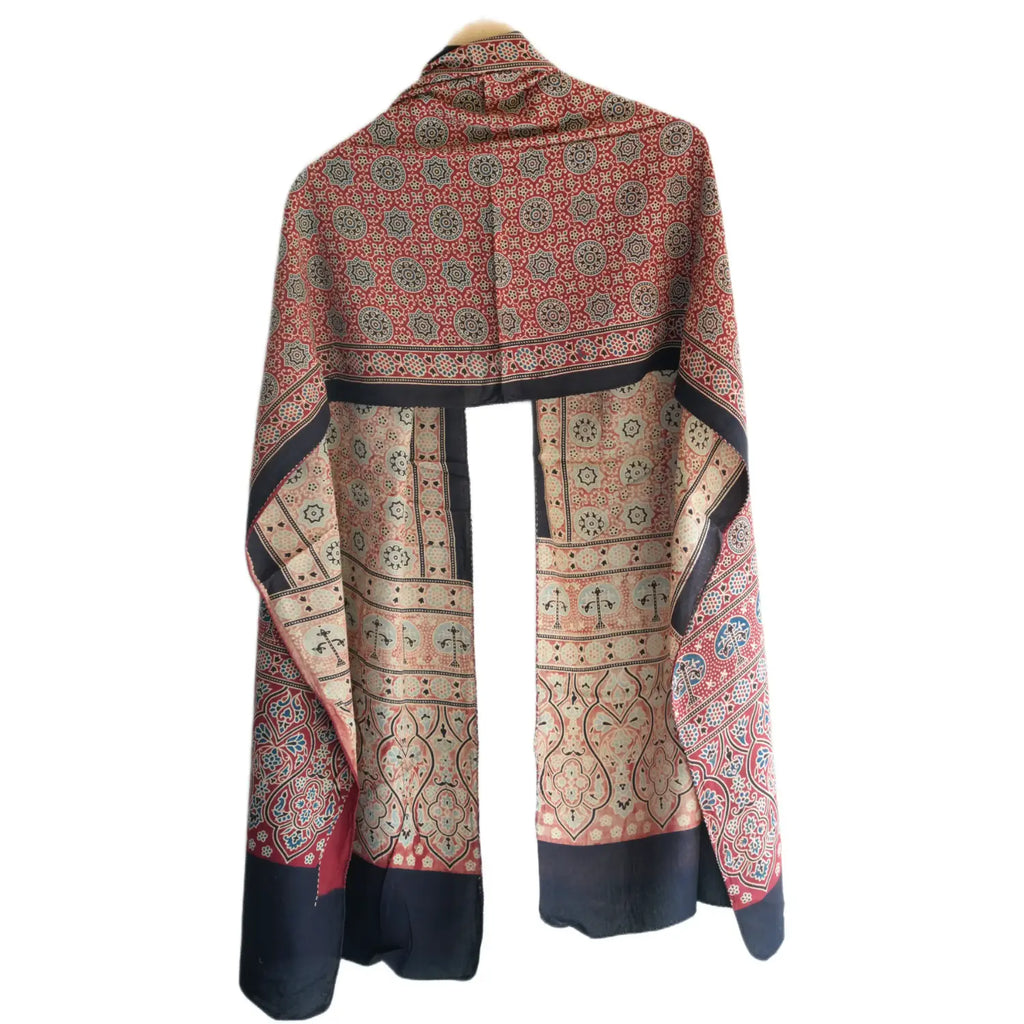 Ajrakh Hand Block Print Red Color Viscose Stole | Traditional Geometric Print | L220 X W55 cm